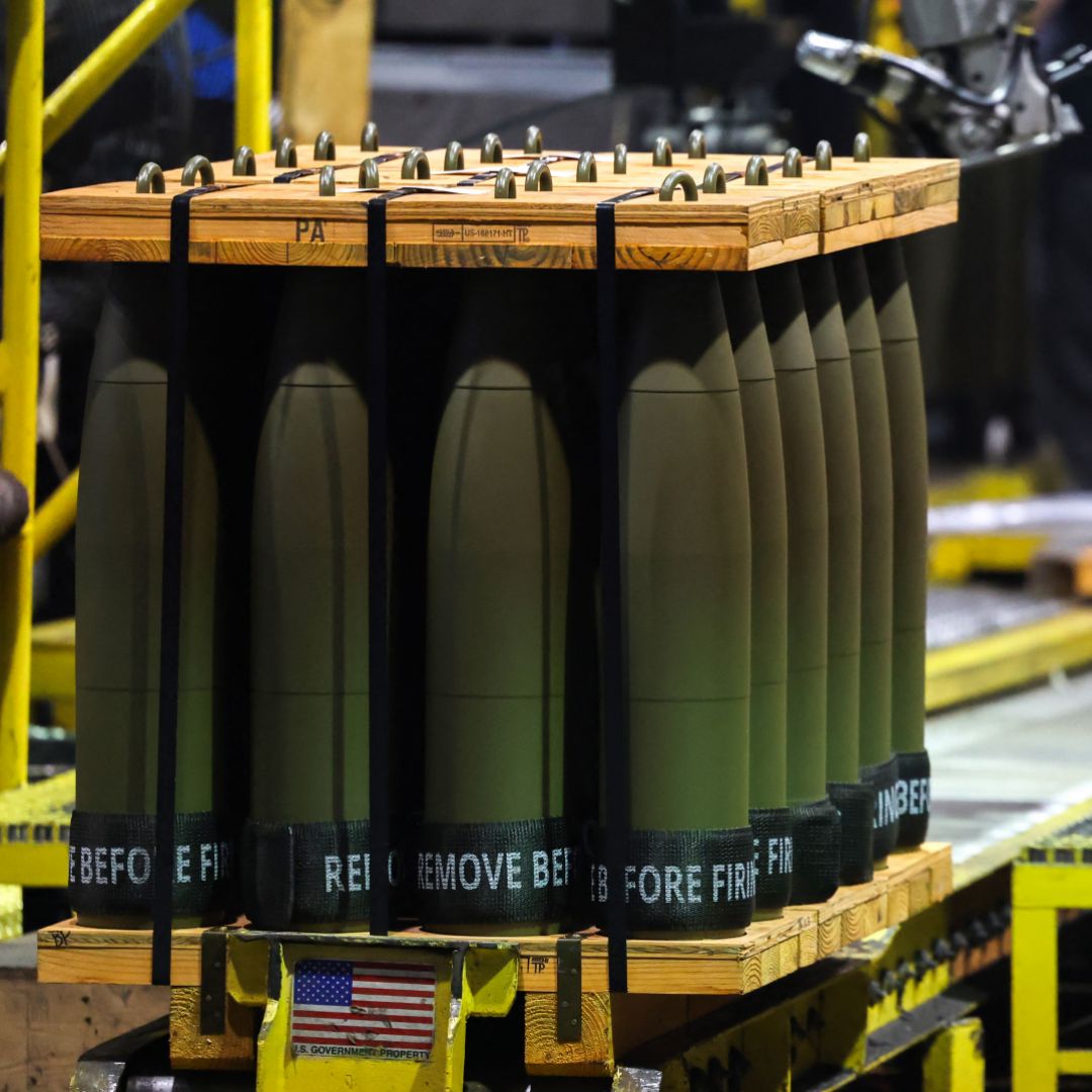 On April 16, 2024, 155mm caliber shells are shown after manufacturing, ready for shipment at the Scranton Army Ammunition Plant (SCAAP) in Scranton, Pennsylvania.