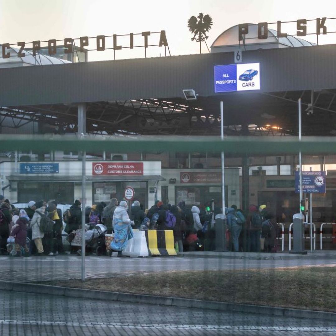 Refugees from Ukraine line up to enter Poland on Feb. 28 at the border crossing in Medyka, Poland. Refugees from Ukraine line up to enter Poland on Feb. 28 at the border crossing in Medyka, Poland.