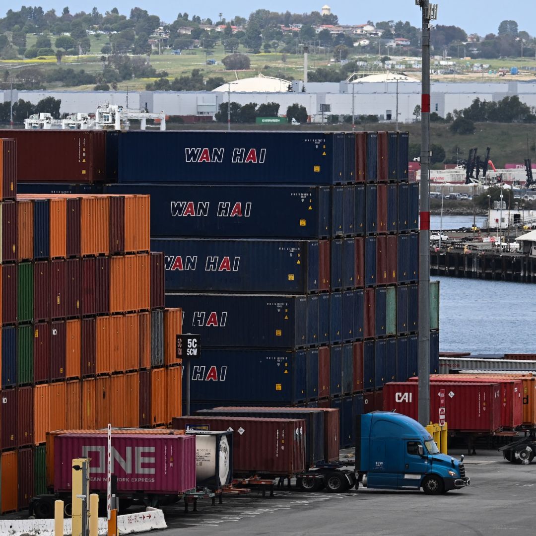 Cargo shipping containers are seen stacked at the Port of Los Angeles in San Pedro, California, on April 15, 2025. Cargo shipping containers are seen stacked at the Port of Los Angeles in San Pedro, California, on April 15, 2025.