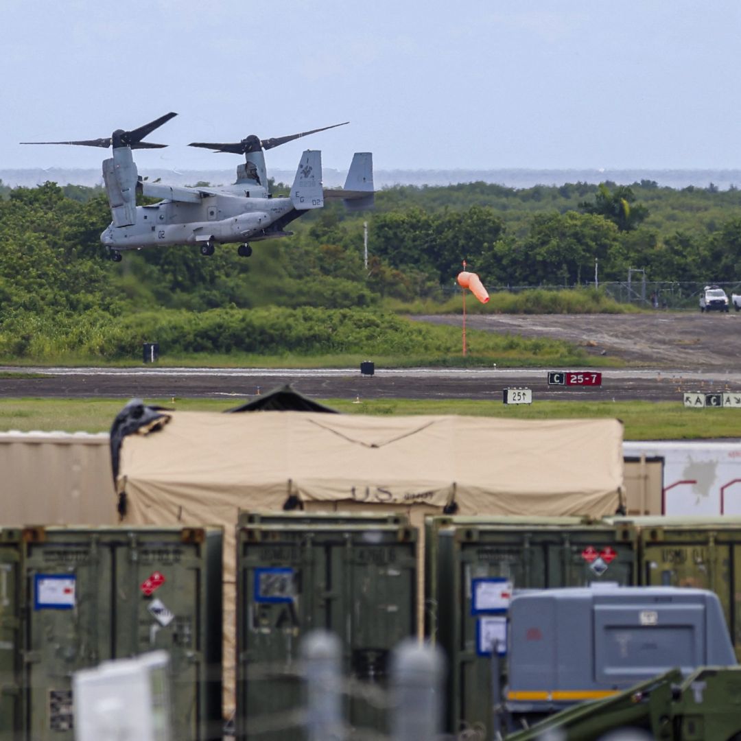 A U.S. Marine V-22 Osprey takes off from Jose Aponte de la Torre Airport, formerly Roosevelt Roads Naval Station, on Sept. 13, 2025, in Ceiba, Puerto Rico.  A U.S. Marine V-22 Osprey takes off from Jose Aponte de la Torre Airport, formerly Roosevelt Roads Naval Station, on Sept. 13, 2025, in Ceiba, Puerto Rico.