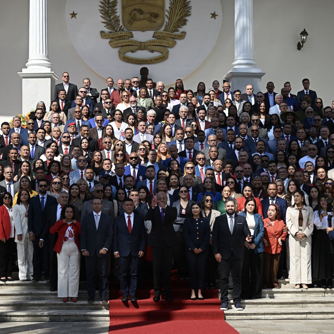 Venezuela's National Assembly President Jorge Rodriguez (C) gestures during the official picture of the new National Assembly in Caracas on Jan. 5, 2026. 
