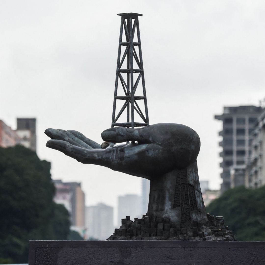 The Peace Monument sculpture is seen in front of the PDVSA headquarters in Caracas, Venezuela, on Dec. 2, 2022. 