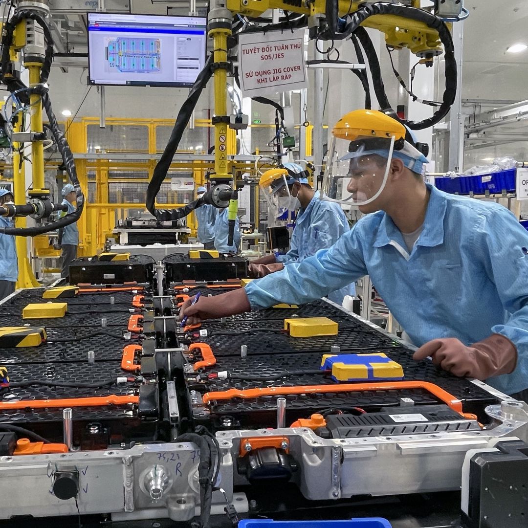 A worker is seen at an electric vehicle factory in Hai Phong, Vietnam, on July 26, 2022.