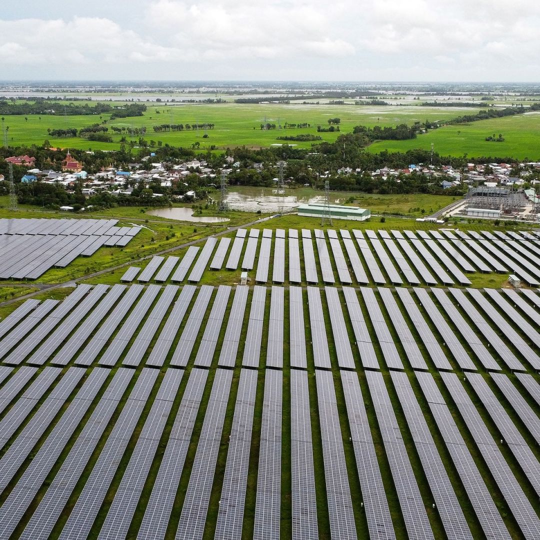 An aerial photo taken on Sept. 25, 2022, shows solar panels at the Sao Mai solar energy plant in Vietnam’s An Giang province. 