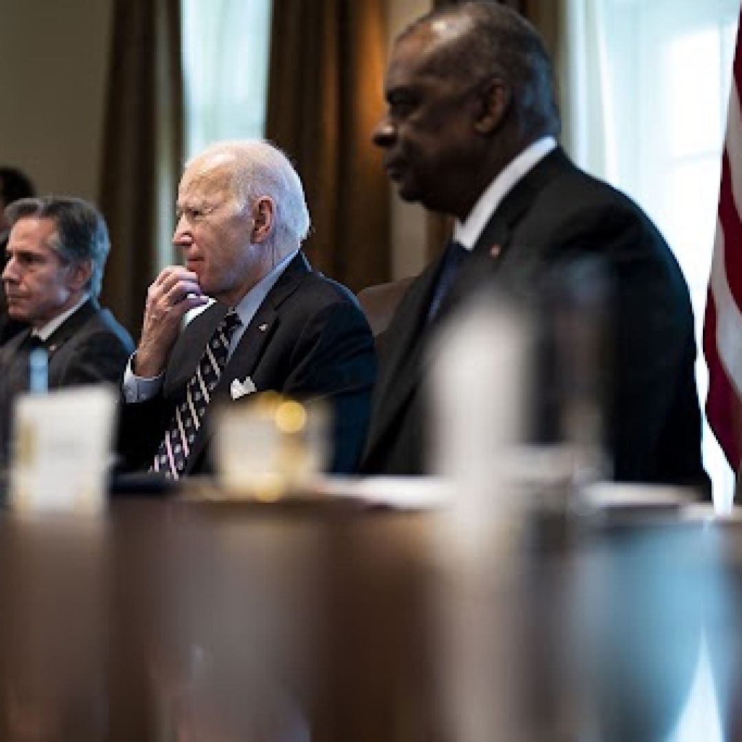 (From left to right) U.S. Secretary of State Antony Blinkin, U.S. President Joe Biden and U.S. Defense Secretary Lloyd Austin meet with Colombian President Ivan Duque at the White House on March 10, 2022, following a recent meeting between U.S. and Venezuelan officials where the possibility of easing oil sanctions was discussed. 