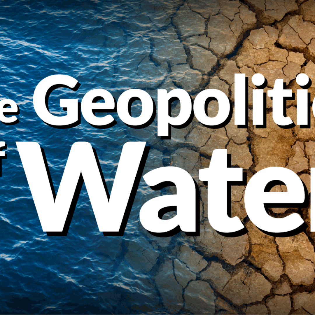 And image of the logo Geopolitics of Water over water and drought-cracked earth