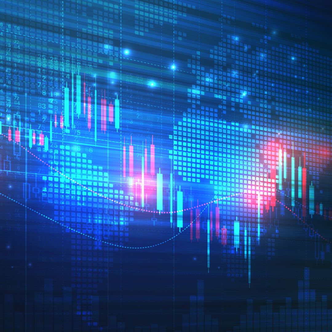 Chart of stock market investment trading on blue background.