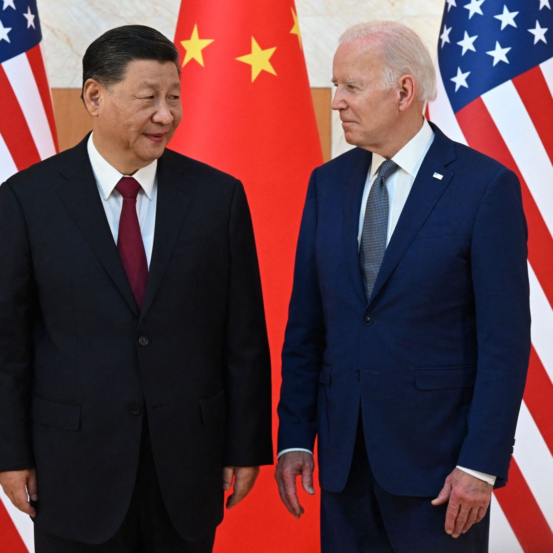 U.S. President Joe Biden (R) and Chinese President Xi Jinping meet Nov. 14, 2022, in Bali, Indonesia.