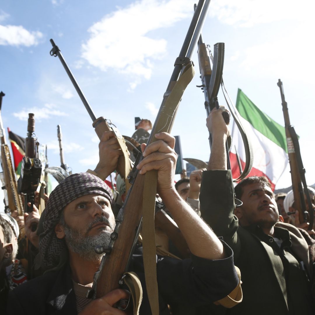 Houthi loyalists chant slogans on March 27, 2026, in Sanaa, Yemen, as they participate in a protest staged to show support for Iran in its ongoing war against the United States and Israel.