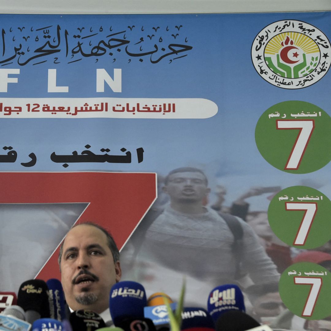 The Secretary-General of Algeria’s ruling National Liberation Front (FLN) holds a press conference on the party’s electoral victory in the capital of Algiers on June 16, 2021.