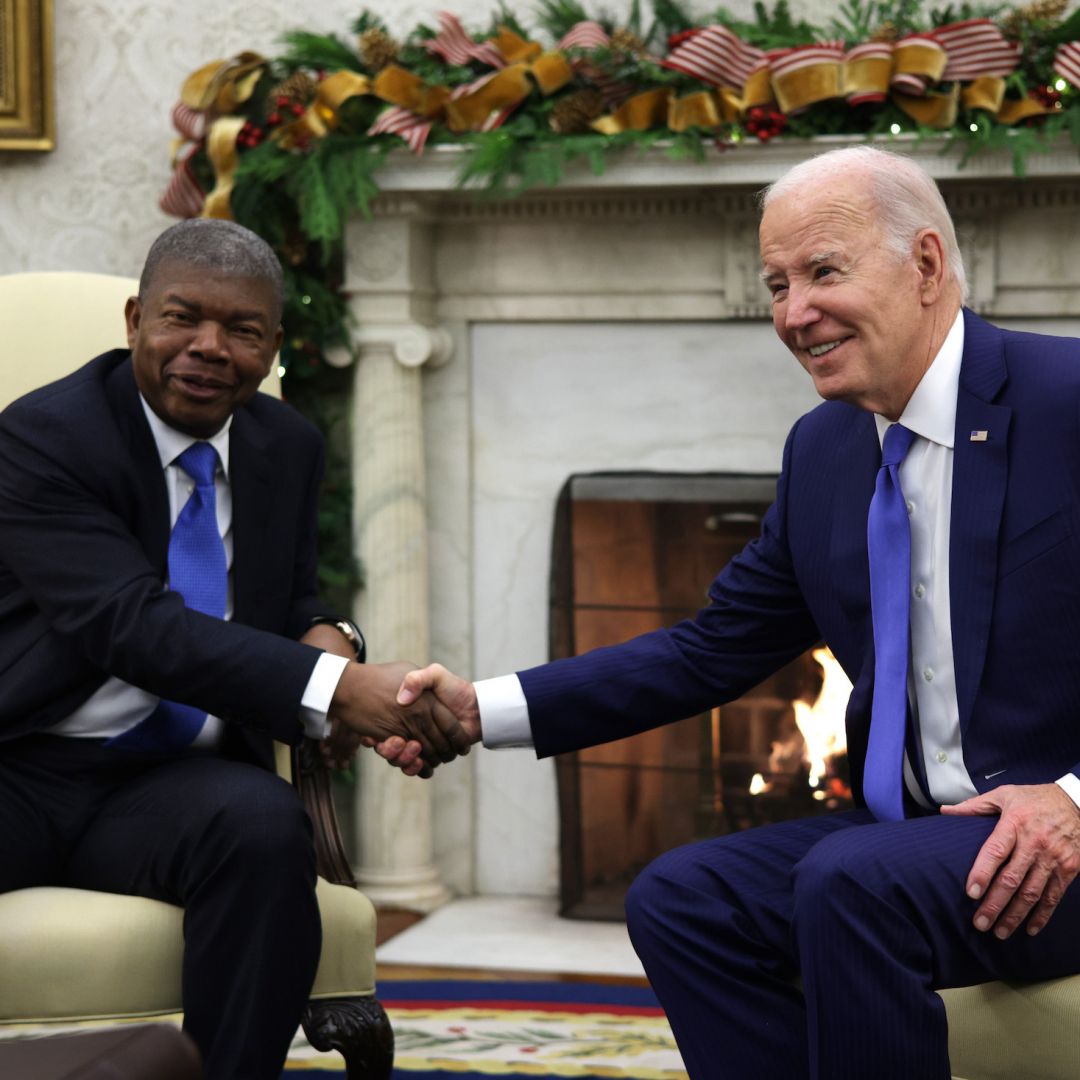 U.S. President Joe Biden shakes hands with President Joao Lourenco of Angola during a meeting in the Oval Office of the White House on Nov. 30, 2023, in Washington, D.C.