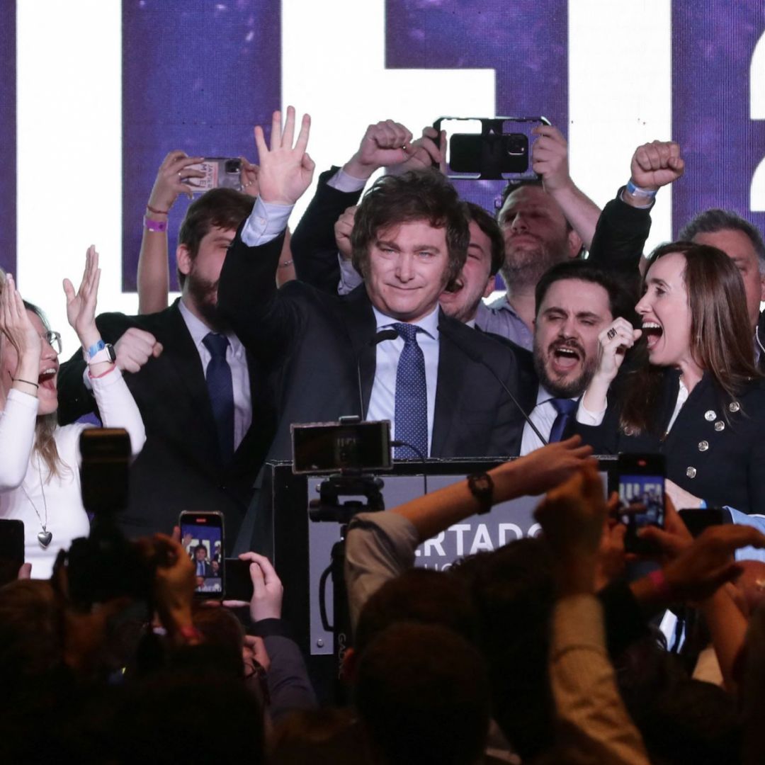 Far-right presidential candidate Javier Milei waves after delivering a speech at his headquarters in Buenos Aires on Aug. 13, 2023. Far-right presidential candidate Javier Milei waves after delivering a speech at his headquarters in Buenos Aires on Aug. 13, 2023.