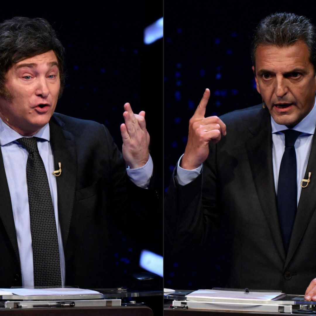 Argentine presidential candidates Javier Milei (left) and Sergio Massa taking part in a debate in Buenos Aires, Argentina, on Nov. 12, 2023. Argentine presidential candidates Javier Milei (left) and Sergio Massa taking part in a debate in Buenos Aires, Argentina, on Nov. 12, 2023.