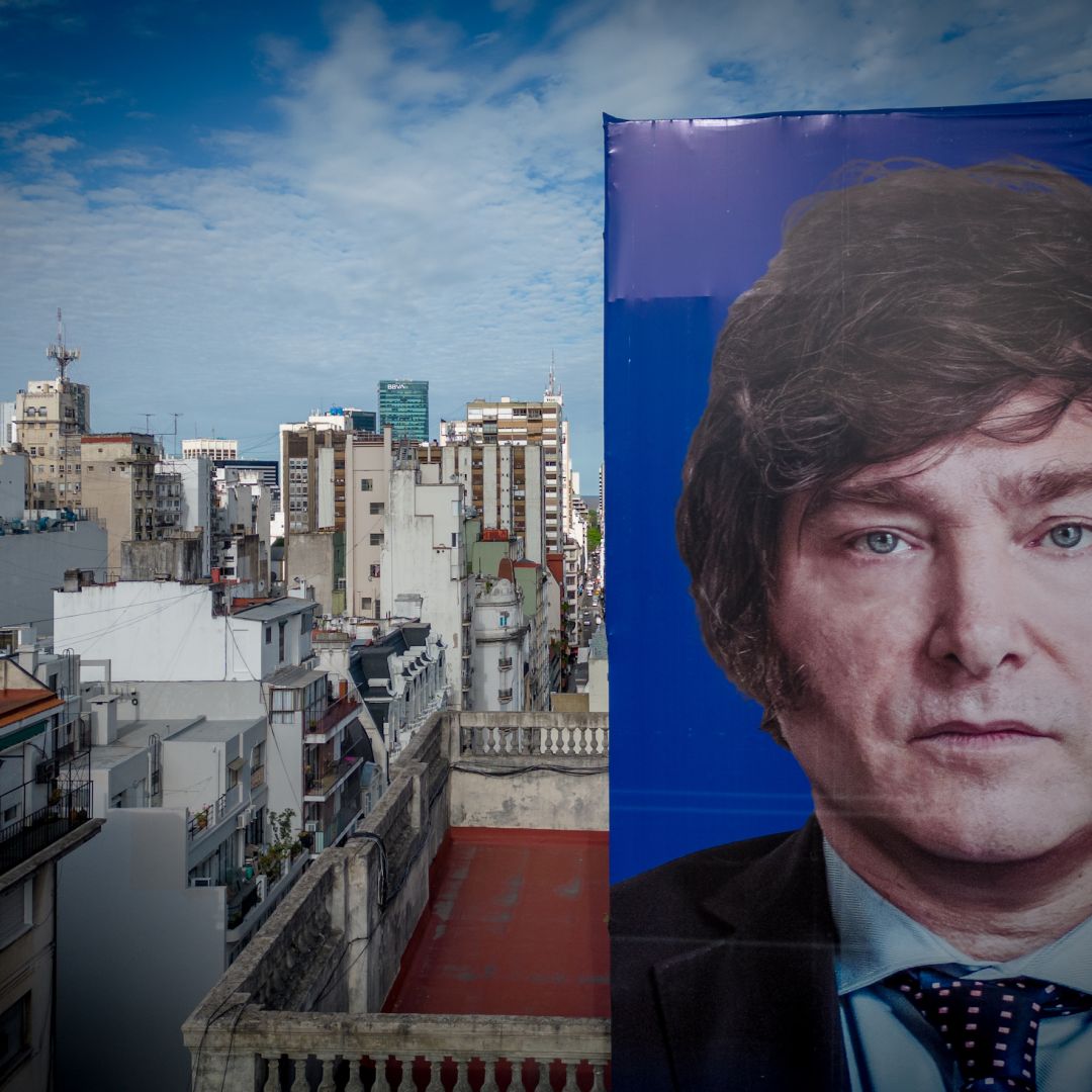 A campaign poster for incoming Argentine President Javier Milei on Nov. 30, 2023, in Buenos Aires, Argentina.