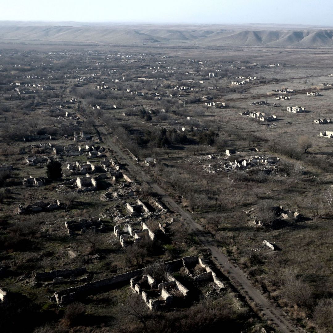 An aerial view shows the ruins of a village on Jan. 5, 2021, in an area of Nagorno-Karabakh that was recaptured by Azerbaijan in October 2020.