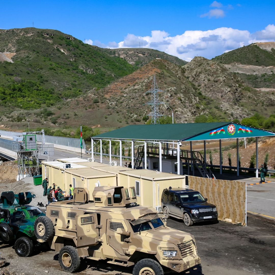 A photo taken on May 2, 2023, shows the new checkpoint set up by Azerbaijan at the entrance of the Lachin Corridor, the only land link connecting the disputed Nagorno-Karabakh region to Armenia. 