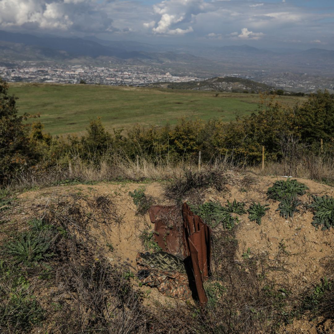 A photo taken on Oct. 3, 2023, shows a military position that was recently retaken by Azerbaijani troops in the Nagorno-Karabakh region.