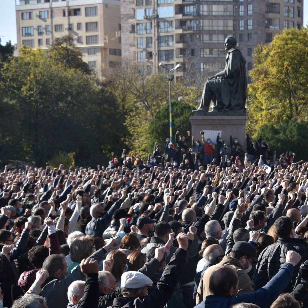 Armenians gather in Yerevan on Nov. 11, 2020, to protest against their country’s agreement to end fighting with Azerbaijan over the disputed Nagorno-Karabakh region.