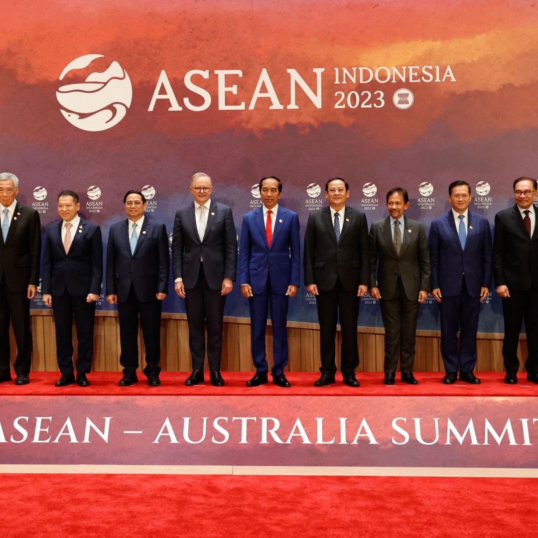 Regional leaders pose for a group photo before the ASEAN-Australia summit, held as part of the 43rd ASEAN summit in Jakarta, Indonesia, on Sept. 7, 2023. From left to right stand the Philippines' President Ferdinand Marcos Jr., Singapore's Prime Minister Lee Hsien Loong, Thailand's Permanent Secretary of the Ministry of Foreign Affairs Sarun Charoensuwan, Vietnam's Prime Minister Pham Minh Chinh, Australia's Prime Minister Anthony Albanese, Indonesia's President Joko "Jokowi" Widodo, Laos' Prime Minister So