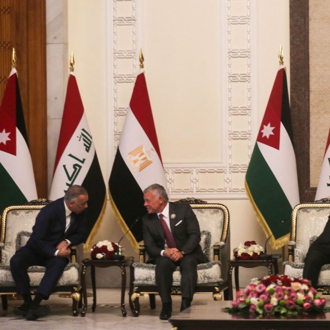 Iraqi Prime Minister Mustafa al-Kadhimi, Jordan's King Abdullah II, Iraqi President Barham Saleh and Egyptian President Abdel Fattah al-Sisi (from left to right) meet in Baghdad on June 27, 2021. 
