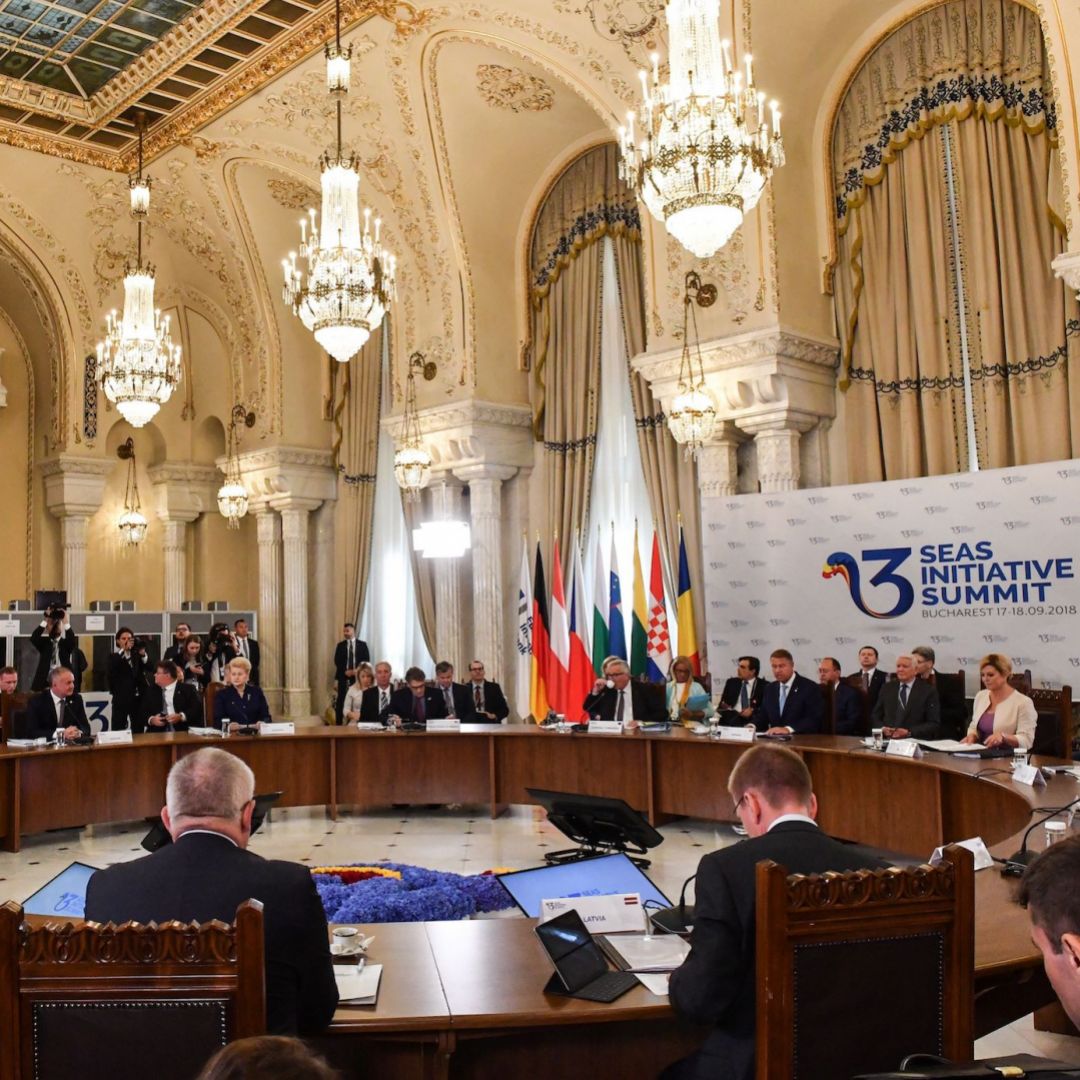 European Commission President Jean-Claude Juncker (center) and representatives of the Three Seas Initiative take part in a summit on Sept. 18 in Romania.