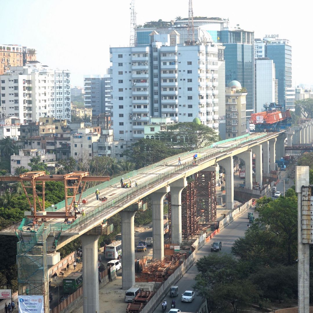 A general view shows the ongoing construction of the Dhaka Metro Rail project in Dhaka, Bangladesh, on March 16, 2021. 
