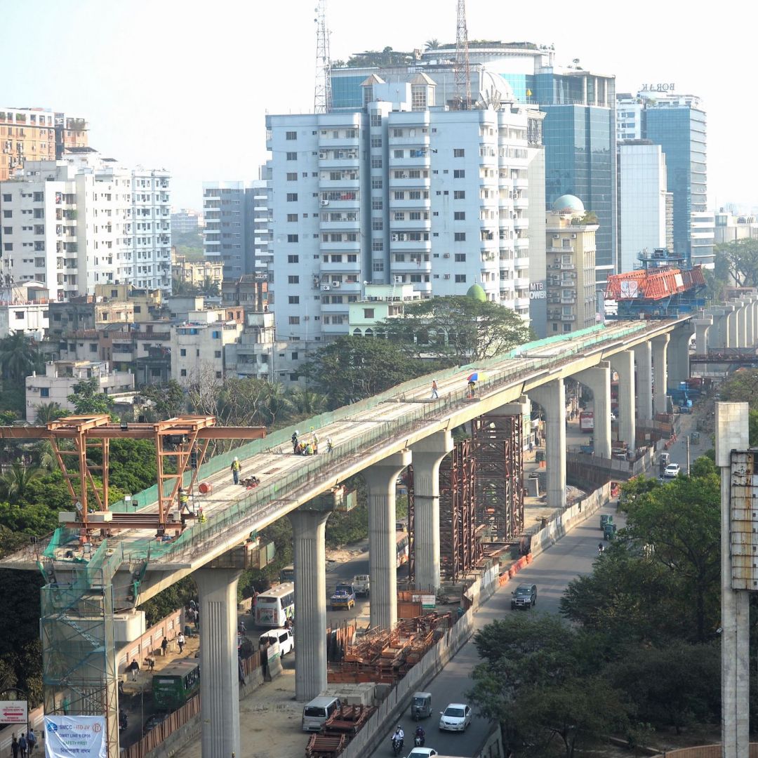 A general view shows the ongoing construction of the Dhaka Metro Rail project in Dhaka, Bangladesh, on March 16, 2021. A general view shows the ongoing construction of the Dhaka Metro Rail project in Dhaka, Bangladesh, on March 16, 2021.