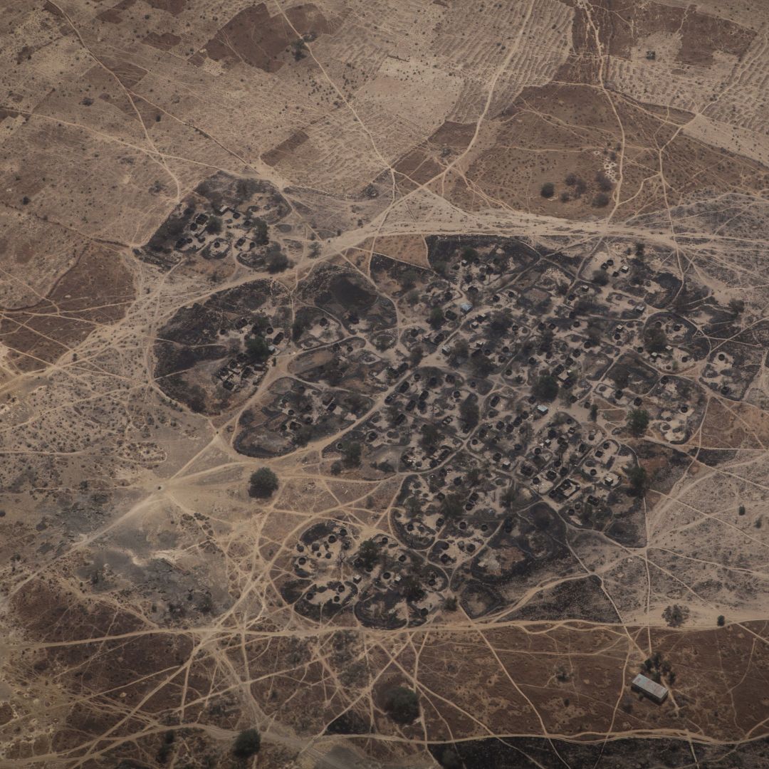 An aerial photograph from February 2017 shows a burnt village, believed to have been attacked by Boko Haram, in northeast Nigeria.