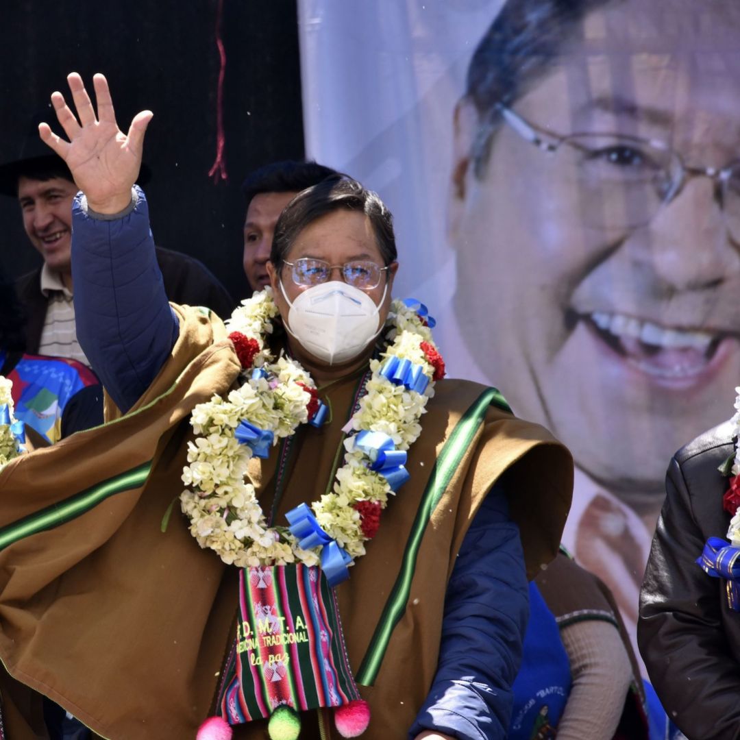 Bolivia's president-elect, Luis Arce, celebrates his electoral victory during a rally in El Alto, Bolivia on Oct. 24, 2020. 