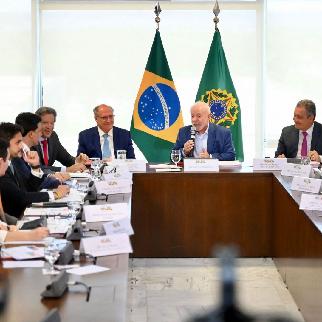 Brazilian President Luiz Inacio Lula da Silva (center) speaks during a ministerial meeting on infrastructure investment projects in Brasilia, Brazil, on Nov. 3, 2023. 