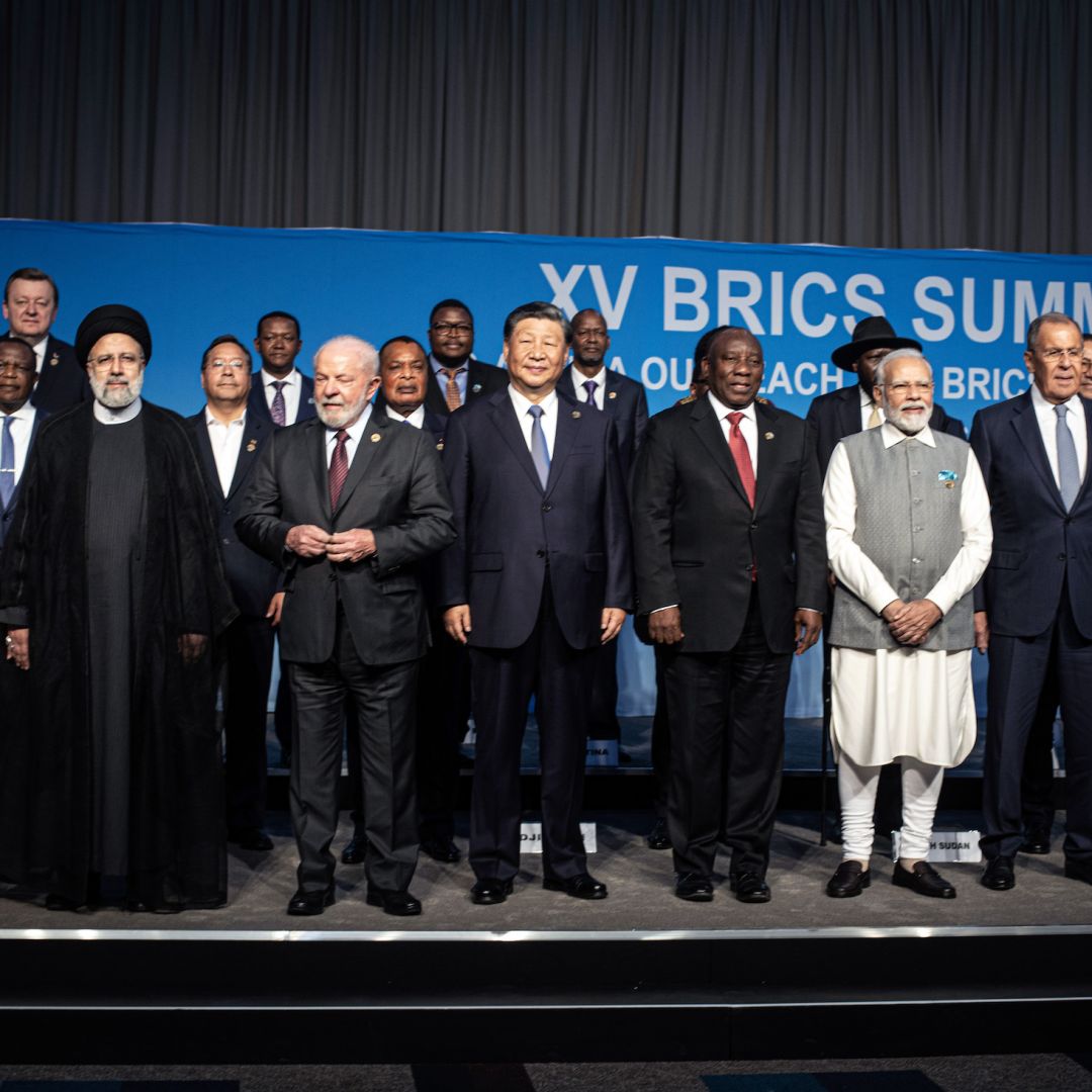 Leaders at the closing day of the BRICS Summit on Aug. 24, 2023, in Johannesburg.