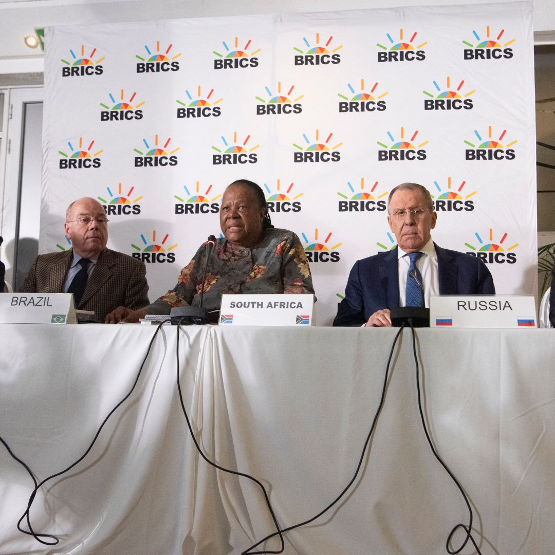 From left to right, foreign officials from China, Brazil, South Africa, Russia and India (the five BRICS countries) hold a press conference in Cape Town on June 1, 2023, ahead of the bloc's summit in August. 