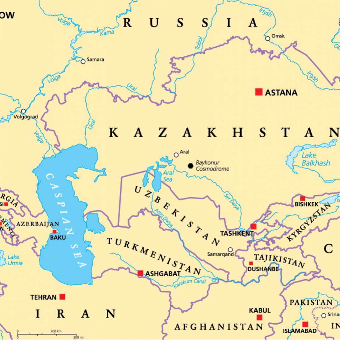 A political map of the Caucasus and Central Asia.