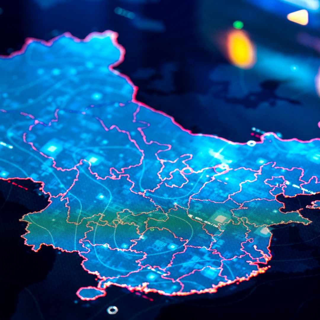 A stock photo shows a map of China on digital display.