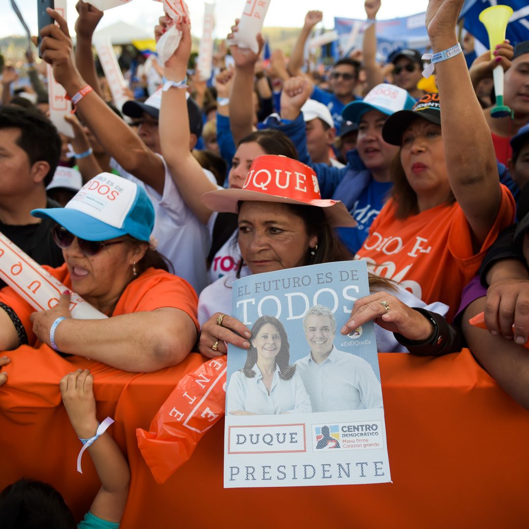 Supporters of Colombian presidential candidate Ivan Duque attend his final campaign rally in Bogota on May 20, ahead of the May 27 presidential election.