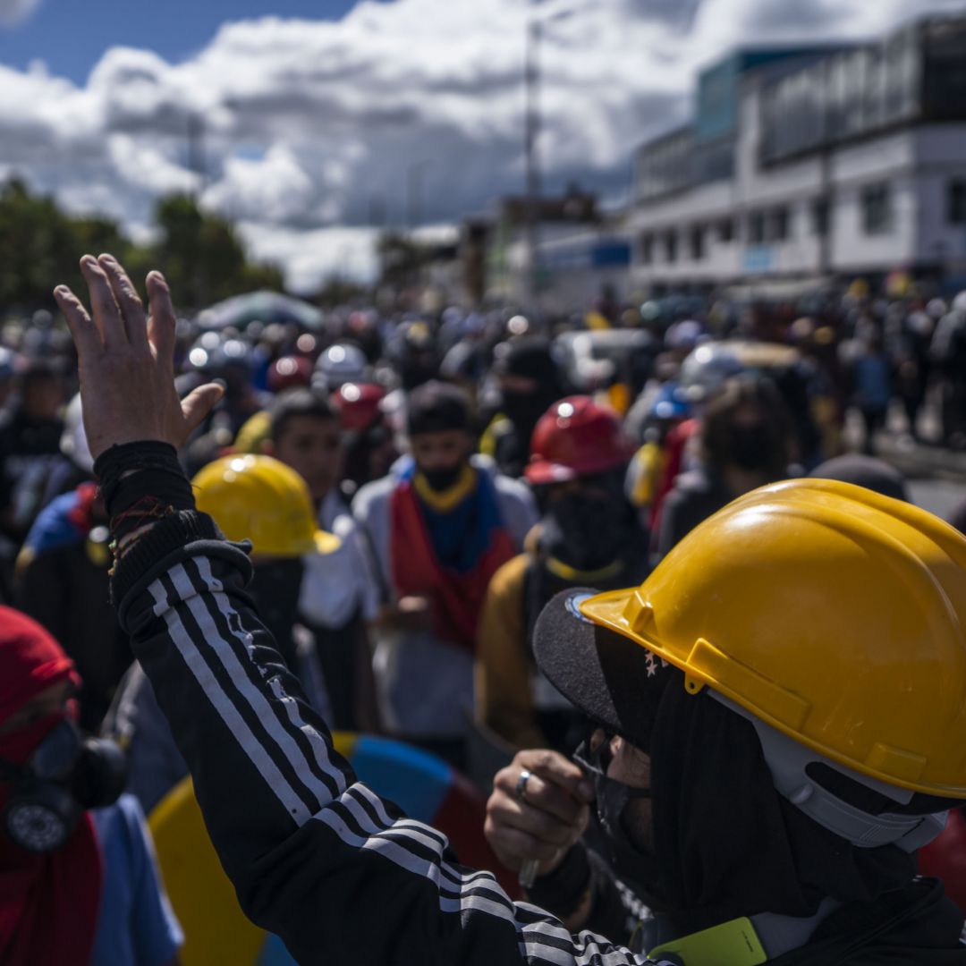 Protesters gather in the streets of Bogota, Colombia, on July 20, 2021. 