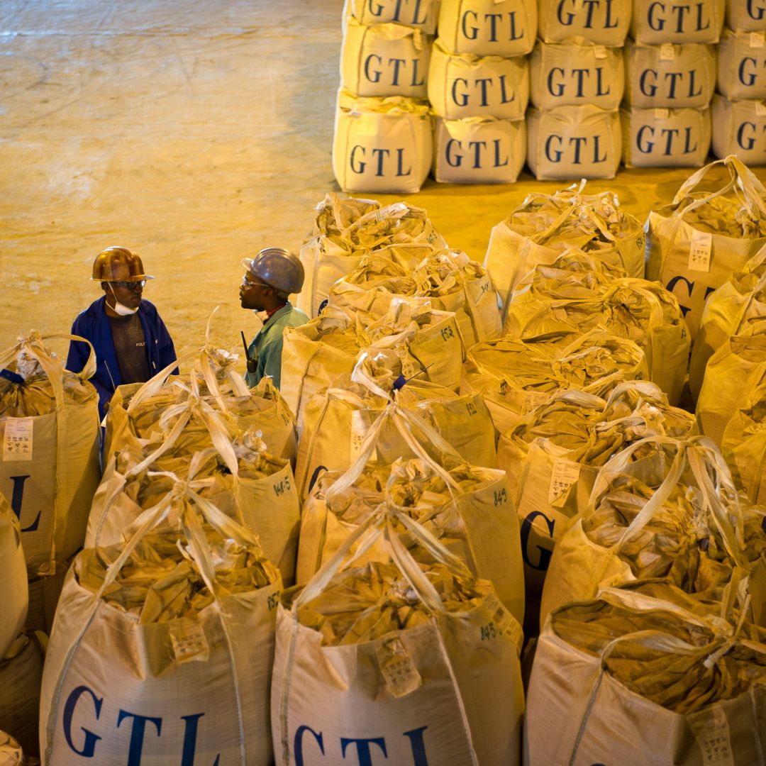 Congolese workers stand beside bags of a mixture of cobalt and copper.