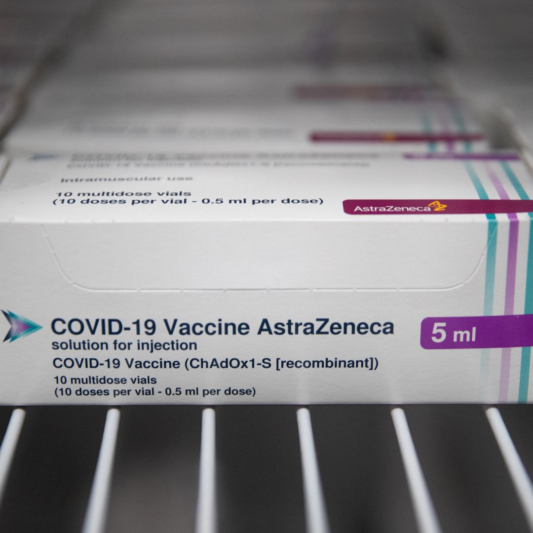 Boxes of vials of the AstraZeneca COVID-19 vaccine sit in a refrigerator at Ashton Gate Stadium in the English city of Bristol on Jan. 9, 2021.