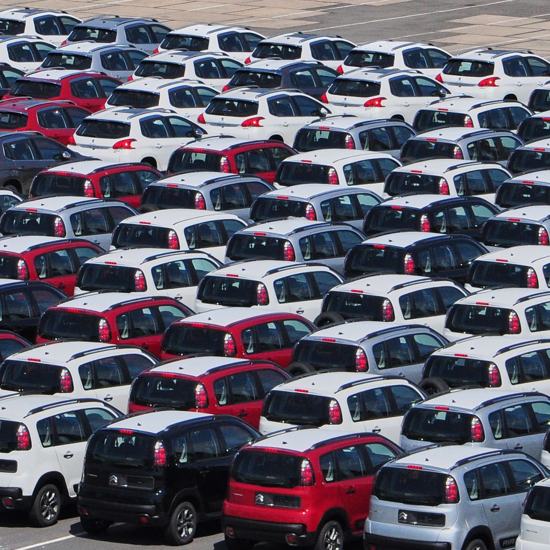 New Peugeot and Citroen cars await shipment on the pier in Rio de Janeiro, Brazil, in February 2017.