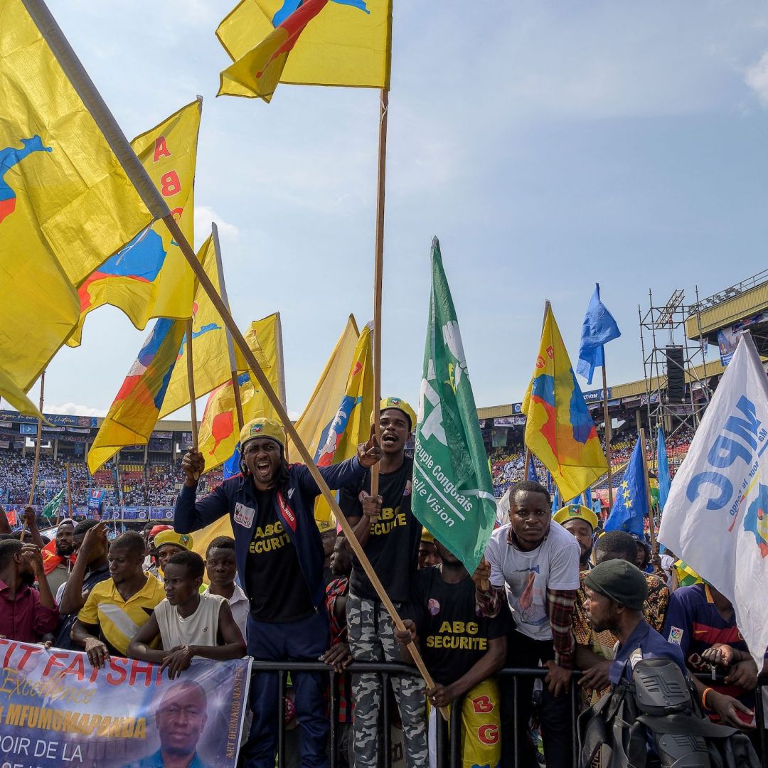 Supporters of the Democratic Republic of the Congo's ruling Sacred Union coalition gather at the Martyrs Stadium in Kinshasa on April 29, 2023. Supporters of the Democratic Republic of the Congo's ruling Sacred Union coalition gather at the Martyrs Stadium in Kinshasa on April 29, 2023.