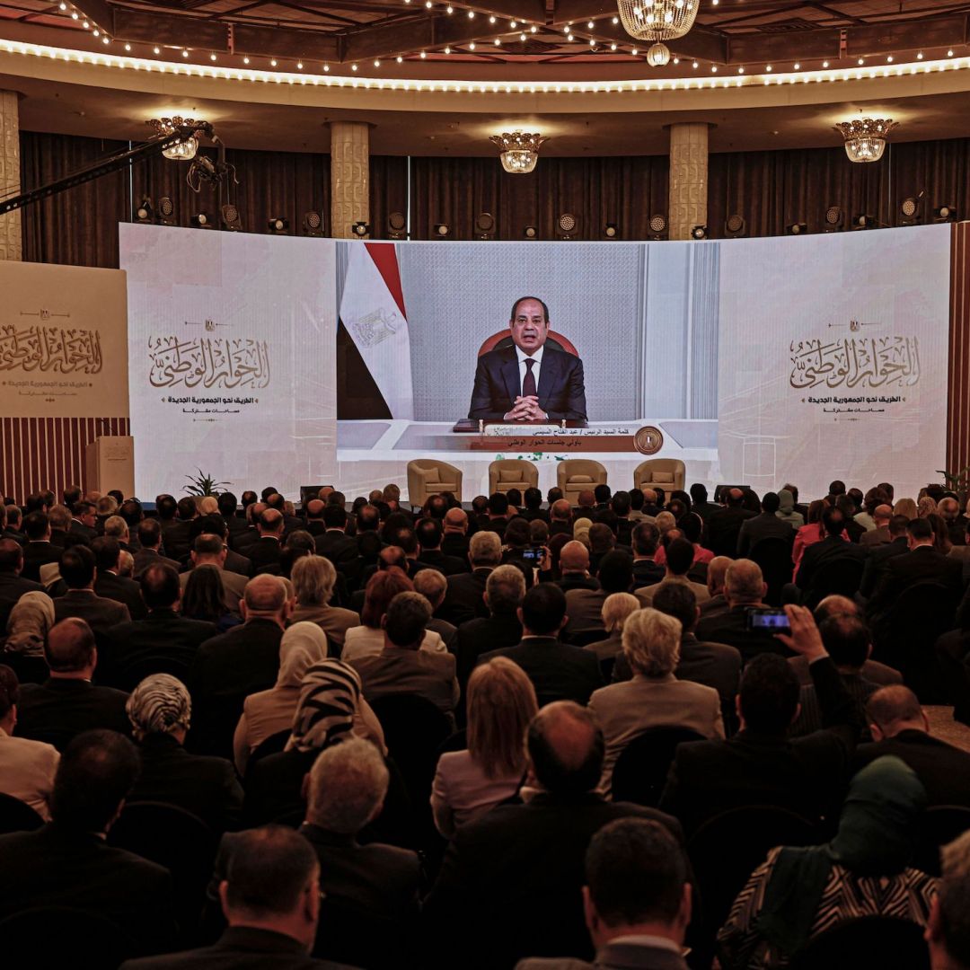 Egyptian President Abdel Fattah al-Sisi addresses those participating in his government's national dialogue event via video conference on May 3, 2023. Egyptian President Abdel Fattah al-Sisi addresses those participating in his government's national dialogue via video conference on May 3, 2023.