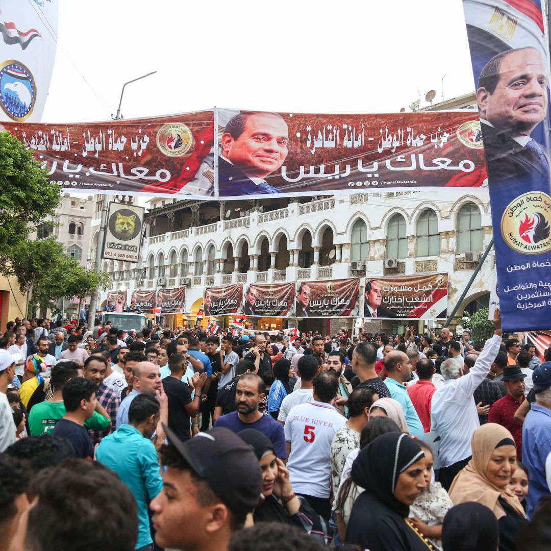 Supporters of Egyptian President Abdel Fattah el-Sisi gather in El Korba Square in Cairo, Egypt, on Oct. 2, 2023, as they wait for him to announce his candidacy in the upcoming presidential election.