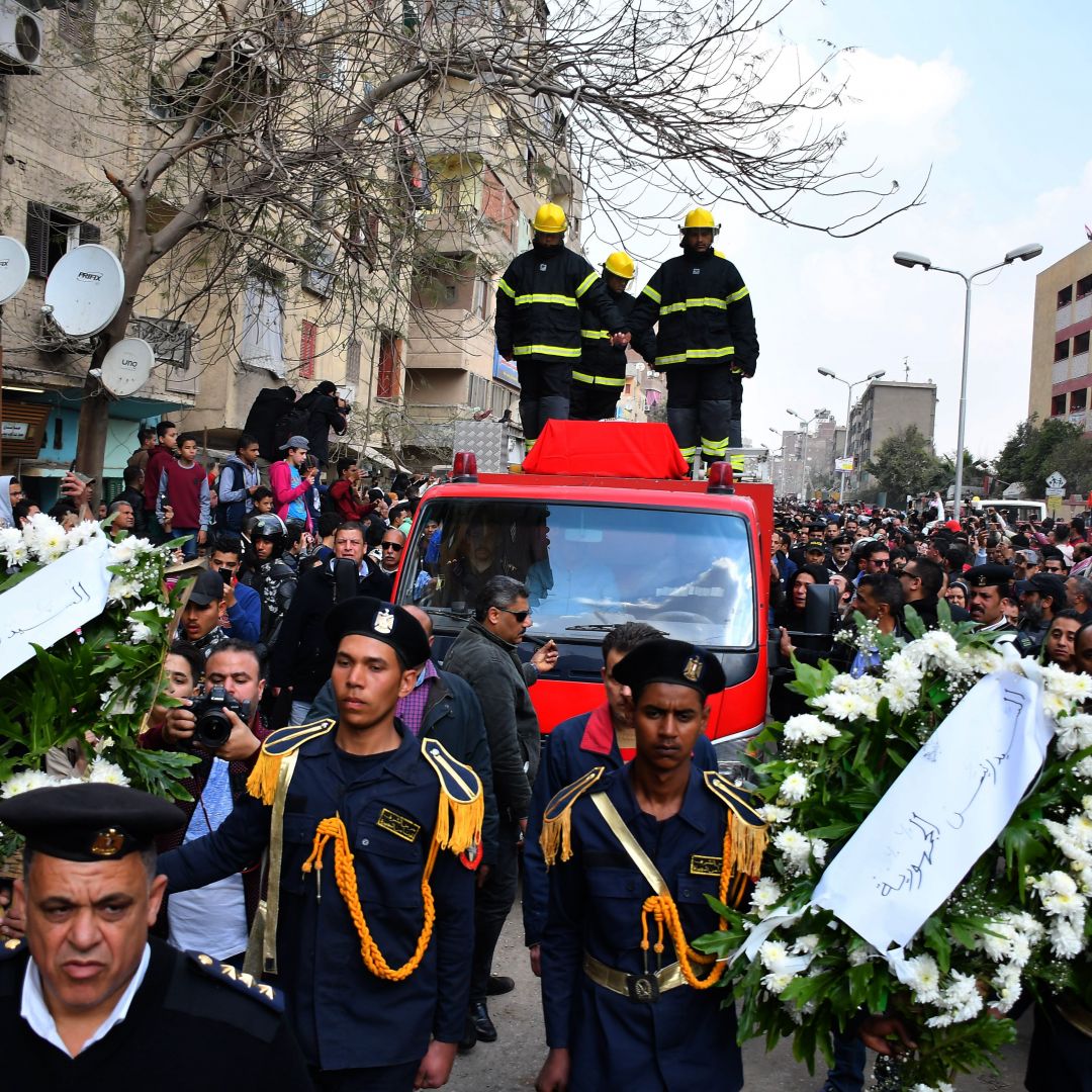 Recent bombings suggest Egypt now faces a many-headed grassroots threat. Policemen carry wreaths in Cairo on Feb. 19, 2019, at the funeral of Mahmud Abu el-Yzied, one of three policemen killed in a bombing the previous day.