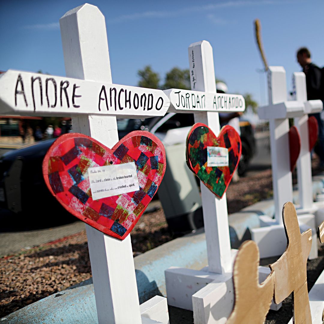 Handmade crosses memorialize the victims of a mass shooting in El Paso, Texas, on Aug. 5, 2019.