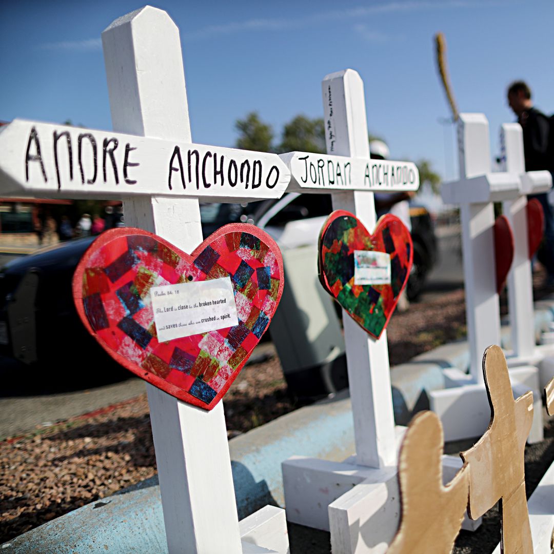 Greg Zanis, a retired carpenter, made the crosses and has made thousands of them for victims of mass shootings and disasters. Handmade crosses memorialize the victims of a mass shooting in El Paso, Texas, on Aug. 5, 2019.