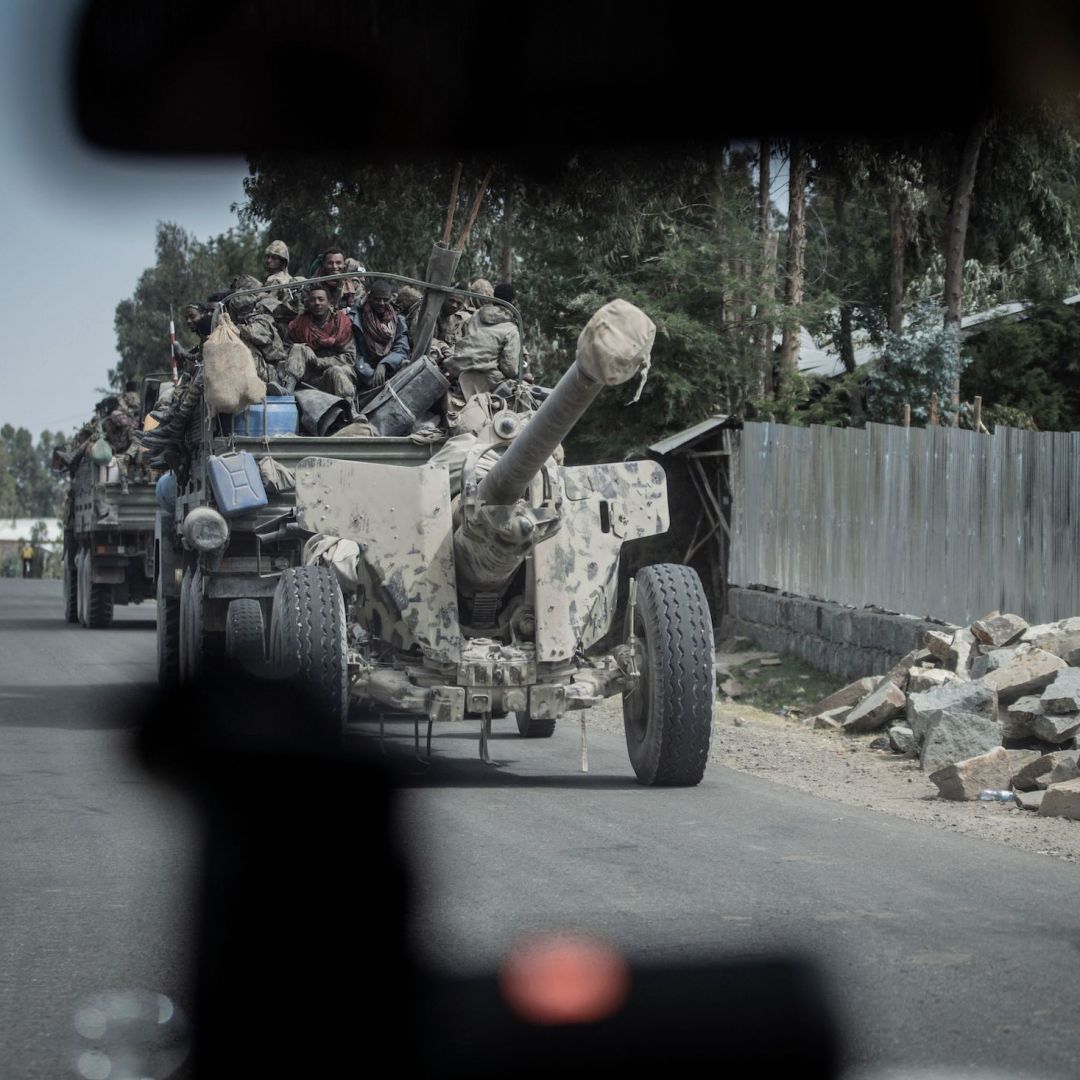 Ethiopian military forces transport a Saeer KS-19 automatic 100 mm anti-aircraft gun Dec. 5, 2021, in Shewa Robit, Ethiopia.