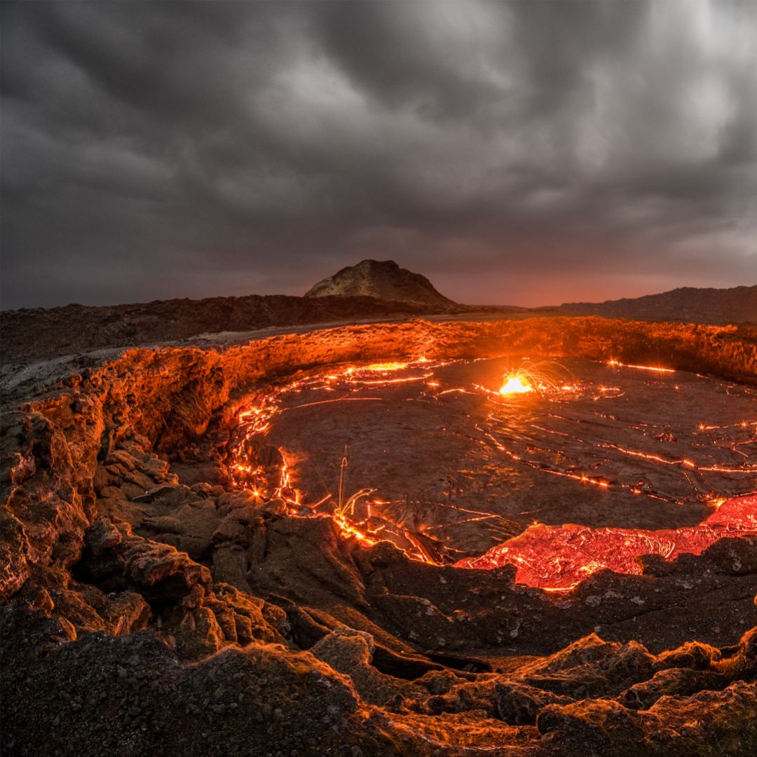 Lava rises to the top inside Erta Ale volcano in the Afar region of northeastern Ethiopia. The Ethiopian volcano is home to the world's oldest continuously active lava lake, known as the "Gateway To Hell."