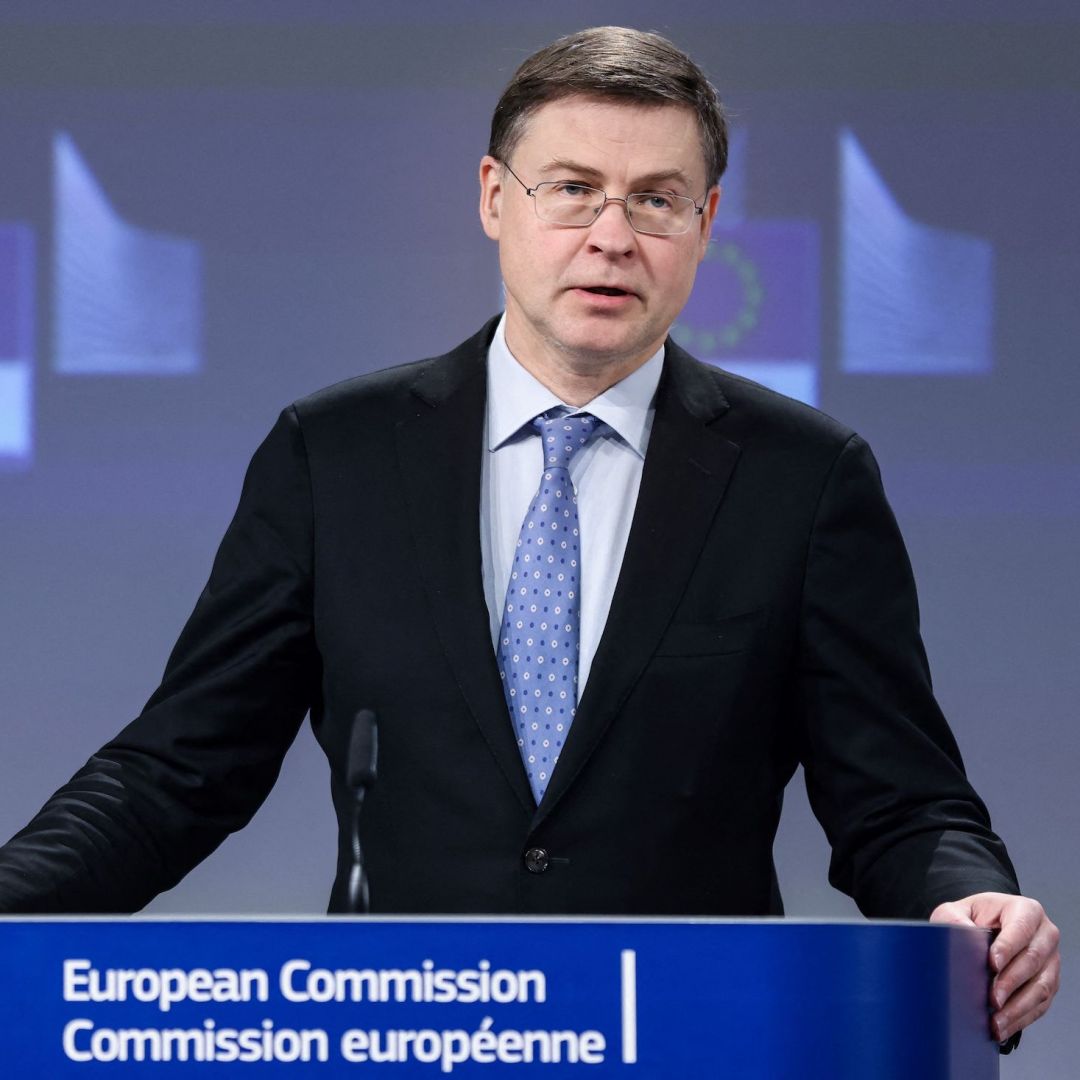 EU Commissioner for Trade Valdis Dombrovskis speaks March 16, 2023, in Brussels.