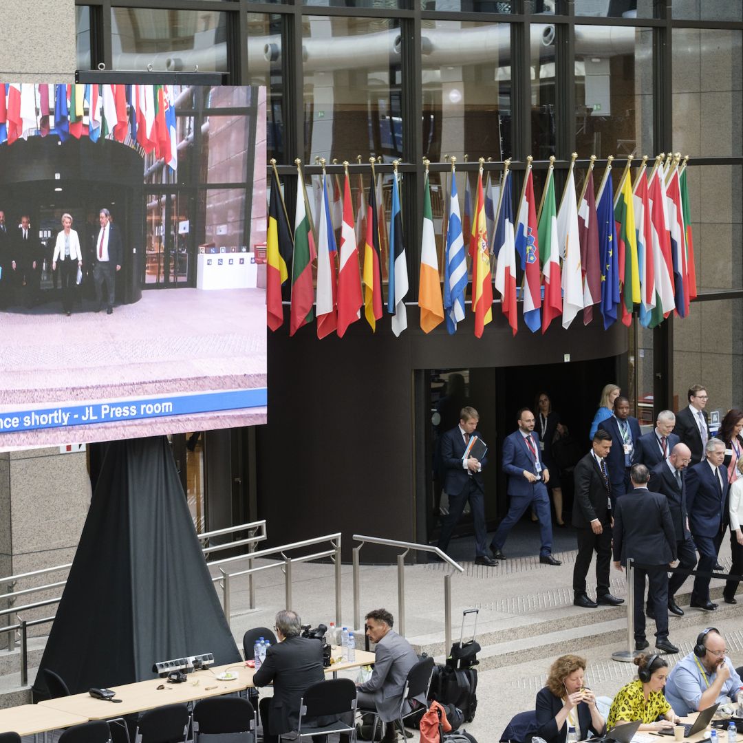 Leaders of the summit between the European Union and the Community of Latin American and Caribbean States (CELAC) walk for a press conference on July 18, 2023, in Brussels, Belgium. From left to right are European Council President Charles Michel, Argentine President Alberto Fernandez, European Commission President Ursula von der Leyen, and Saint Vincent and the Grenadines Prime Minister Ralph Gonsalves, who is also the current president of CELAC.