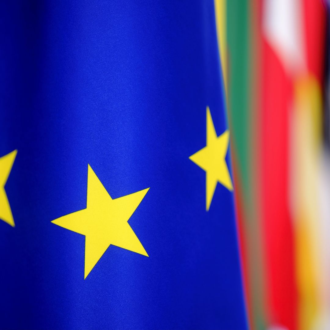 EU flags are displayed in the EU Council headquarters on July 9, 2026, in Brussels, Belgium.